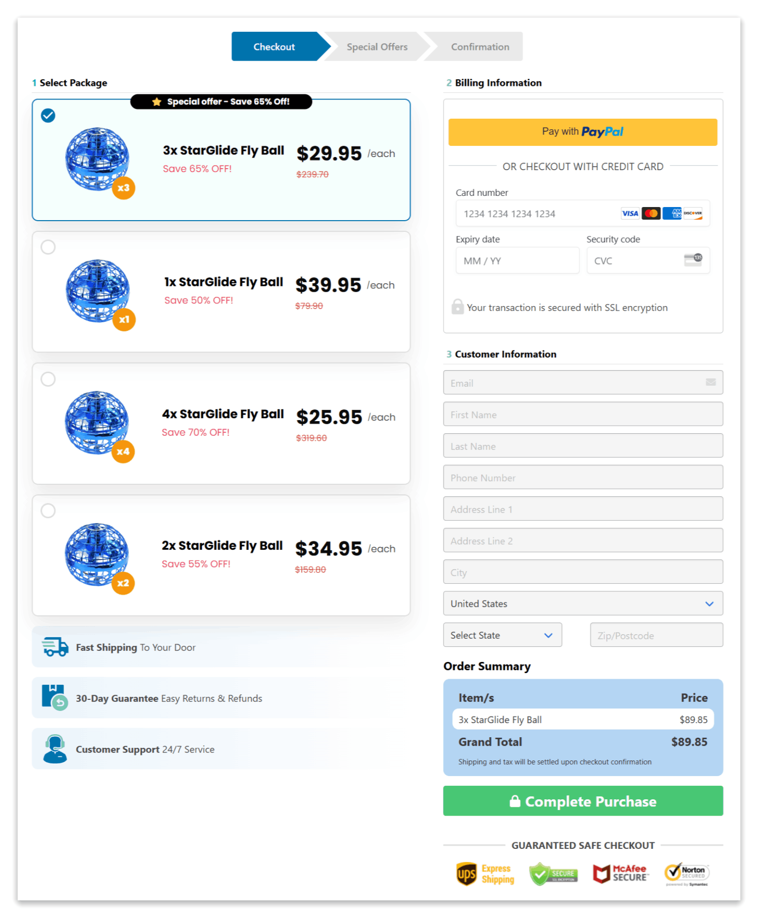 StarGlide Fly Ball checkout page